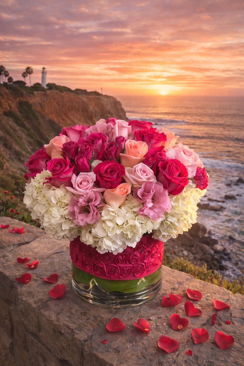 Pink and peach roses arranged with white hydrangeas in a glass vase
