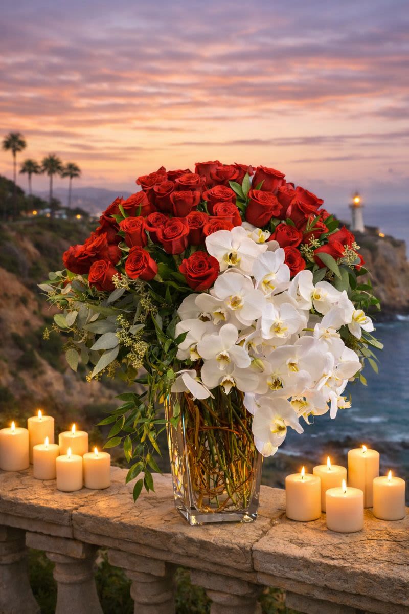 Red roses and white orchids arranged in a glass vase with candles nearby