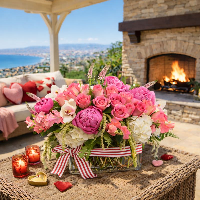 Pink and white floral arrangement in a glass vase with a striped ribbon