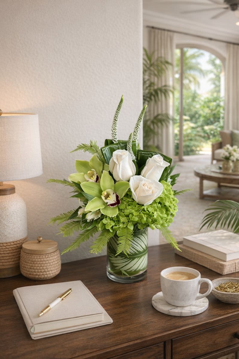 White roses and green orchids in a glass vase
