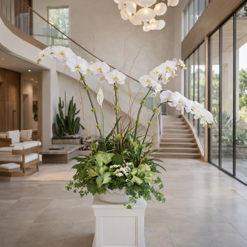Tall white orchid arrangement in a low bowl on a pedestal
