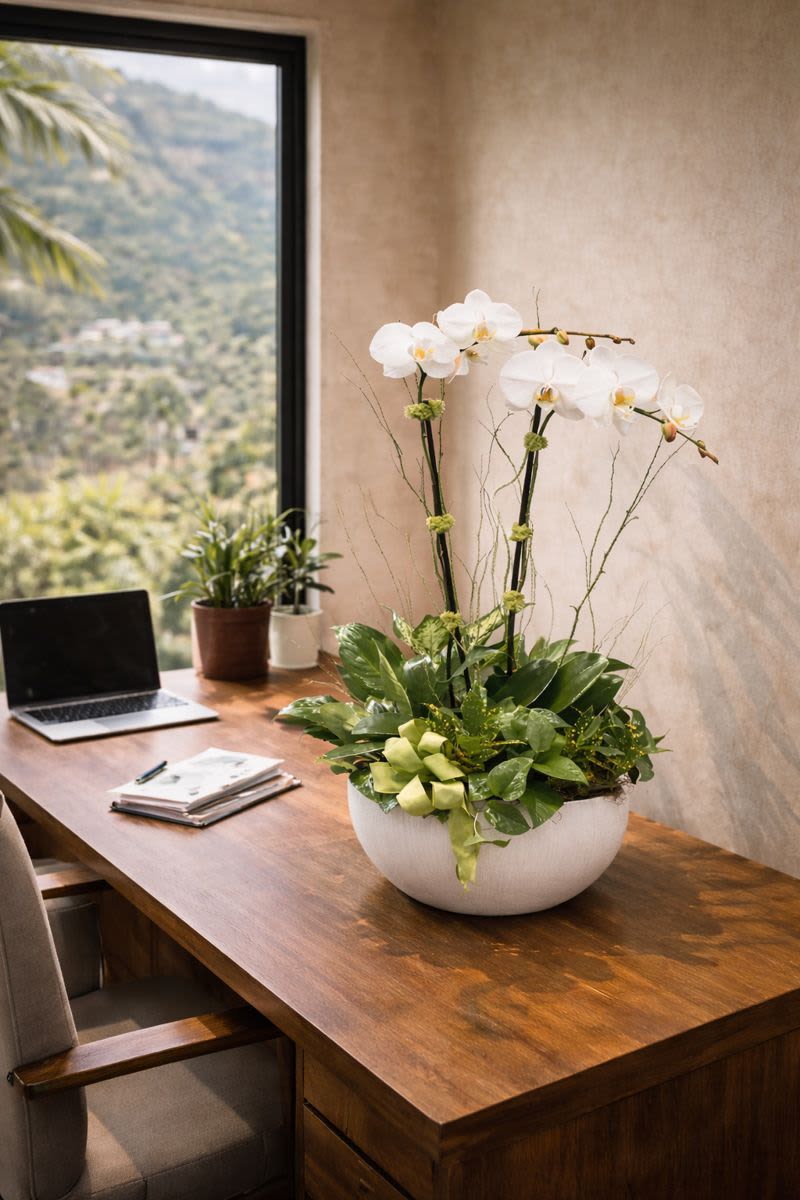 White orchids in a white bowl on a wooden desk