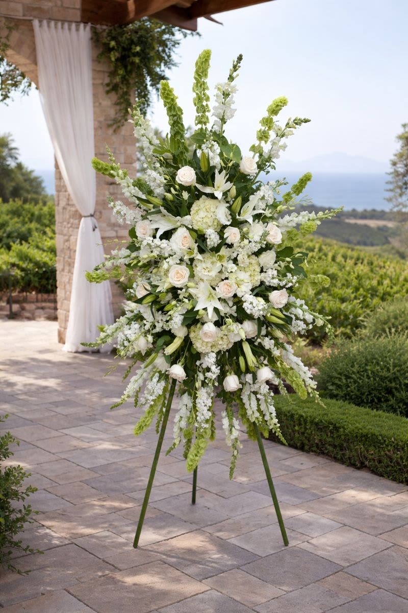 Tall white floral arrangement on a stand outdoors