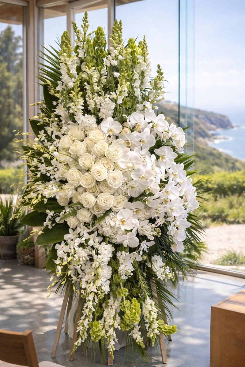Tall white floral arrangement with roses and orchids on an easel