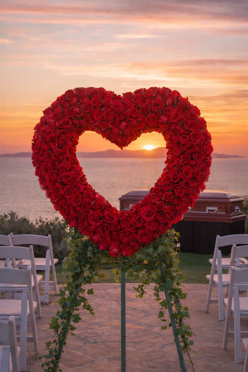 Heart-shaped red rose floral display at an outdoor ceremony