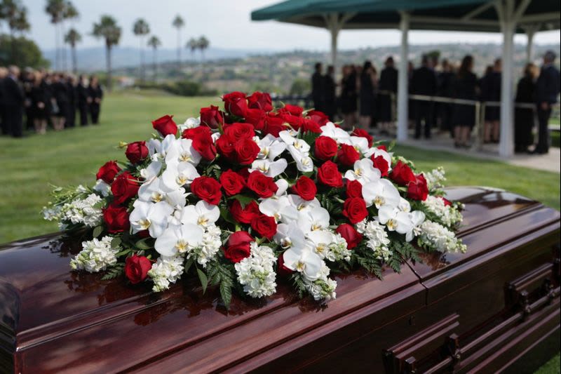 Red roses and white orchids arranged on a casket outdoors