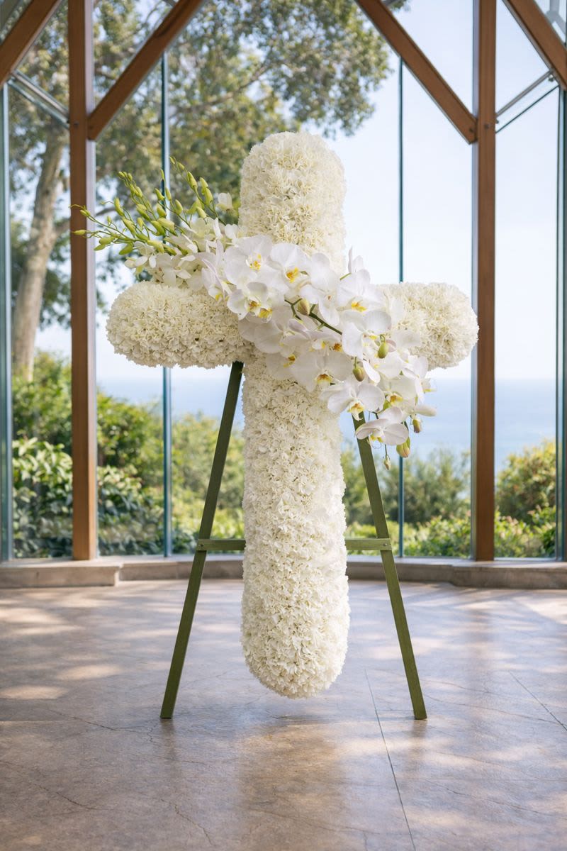 White floral cross on an easel with orchids and clustered blooms