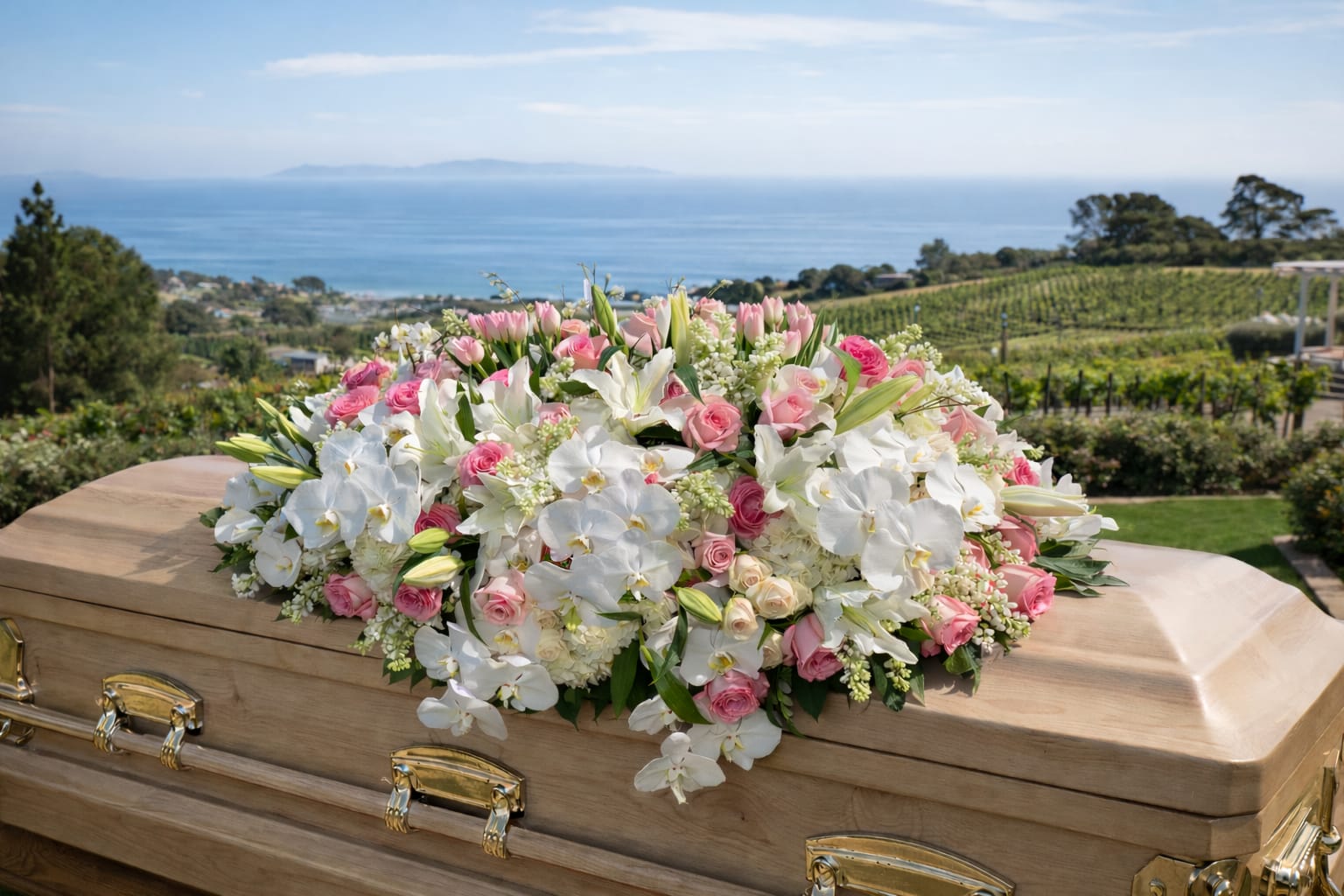 White and pink floral casket spray on a wooden casket