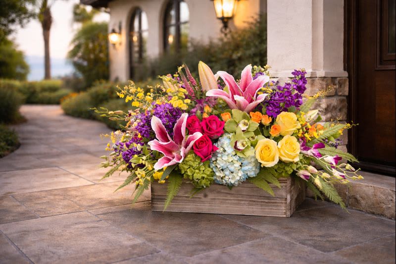 Colorful flower arrangement in a wooden planter box