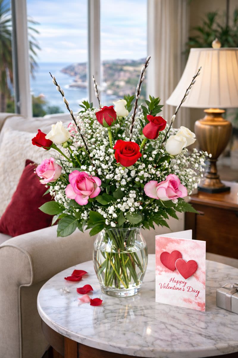 Bouquet of red, pink, and white roses in a glass vase with a Valentine card
