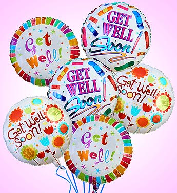 Cluster of colorful get well soon balloons on a pink background