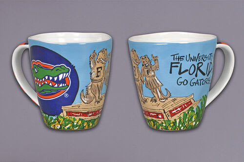 Two University of Florida mugs with Gators graphics