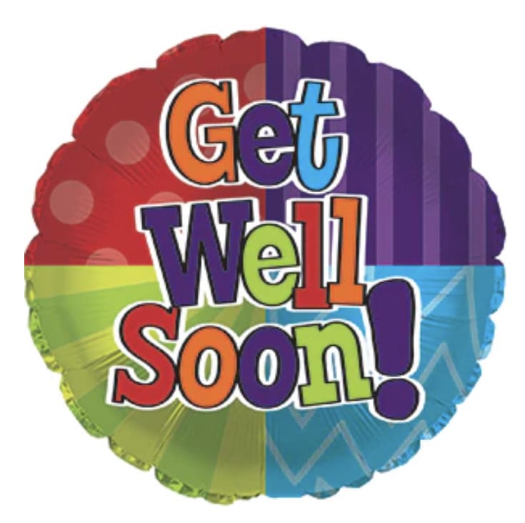 Round multicolor balloon with "Get Well Soon!" text
