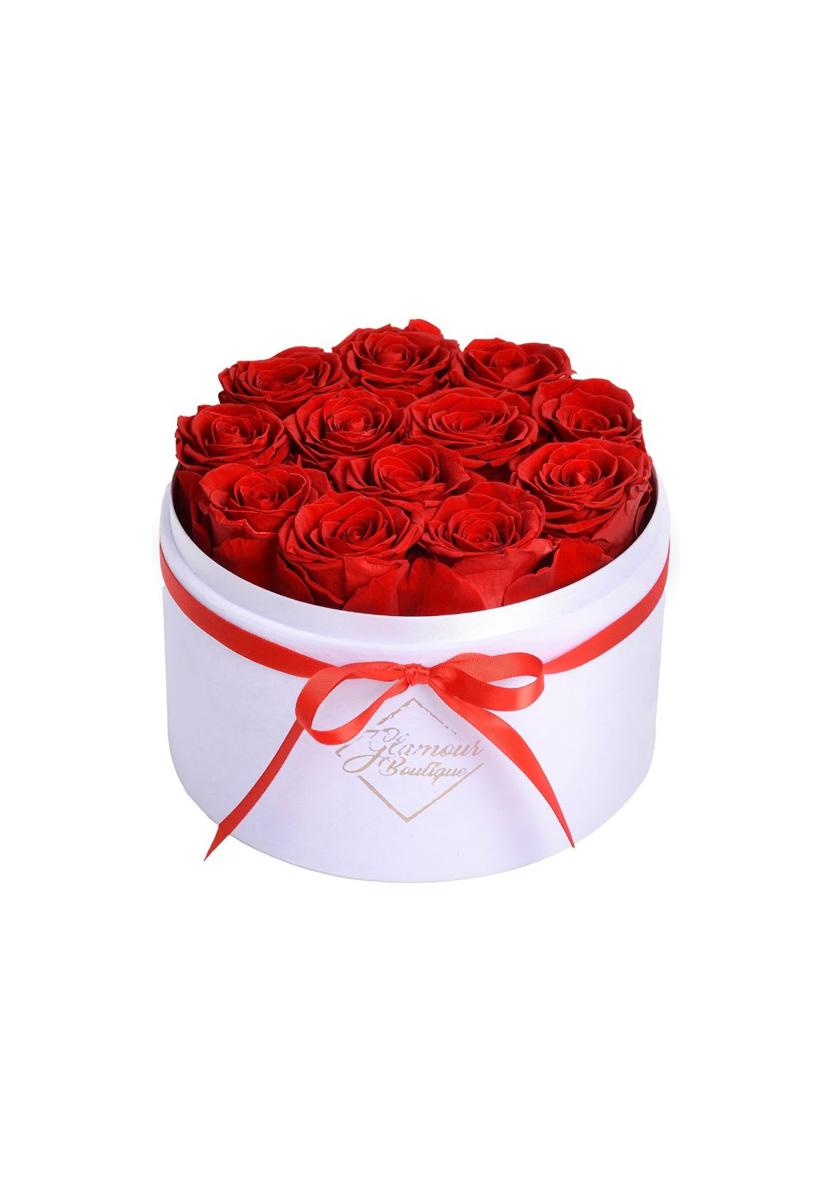 Red roses arranged in a white round box with a red ribbon