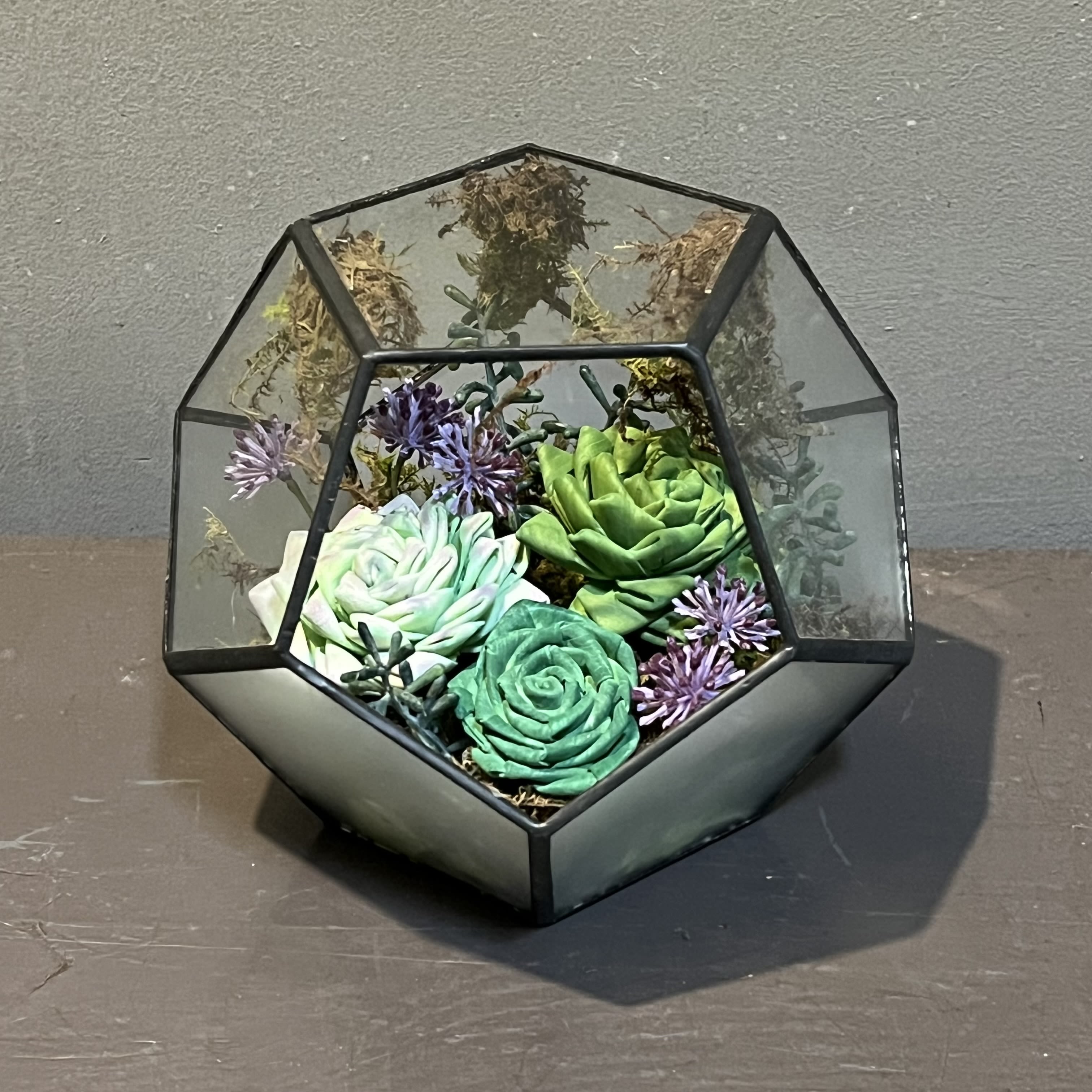 Sola Wooden Flower Centerpiece - Hexagon Terrarium - Hand-dyed and hand-crafted in Minneapolis, these flowers made of balsa wood are a wonderful everlasting floral arrangement - great for those with allergies! Arrives in a glass terrarium. Approx. Dimensions: 8"Wx8"T.