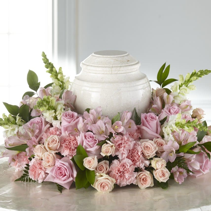  Blooms of Hope Cremation Adornment - Our Blooms of Hope Cremation Adornment is the perfect addition to a tribute for the passing of a loved one. This stunning ring beautifully holds an urn or framed photograph in the open center, creating an elegant tribute.