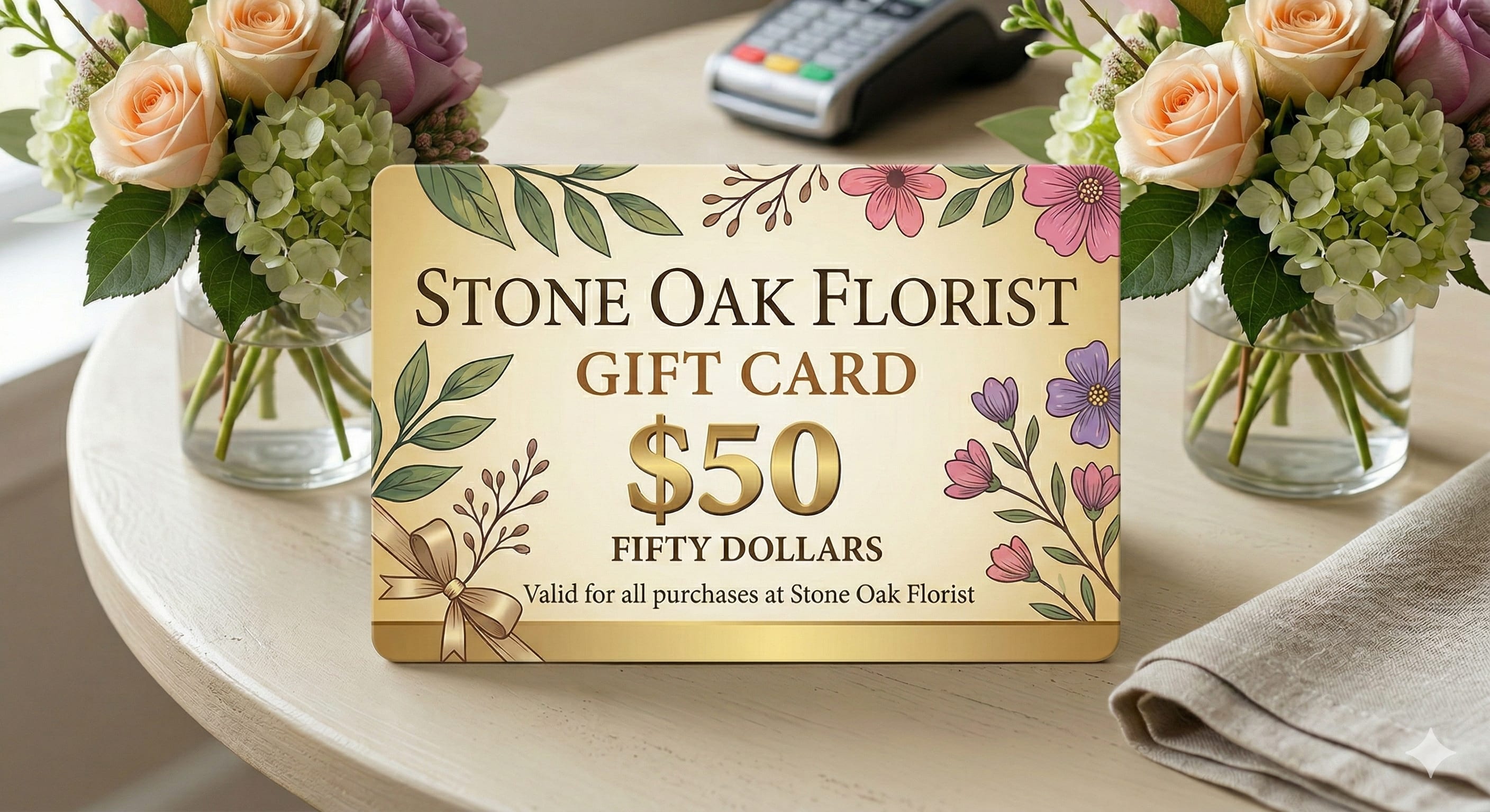 Fifty-dollar Stone Oak Florist gift card with floral illustration, set between two small rose and hydrangea vases.