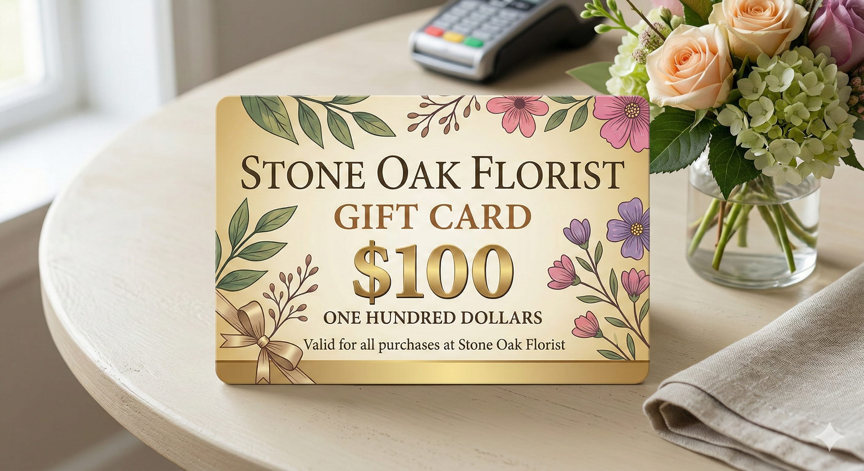 Florist gift card with illustrated flowers on a table beside a small vase of roses and hydrangeas.