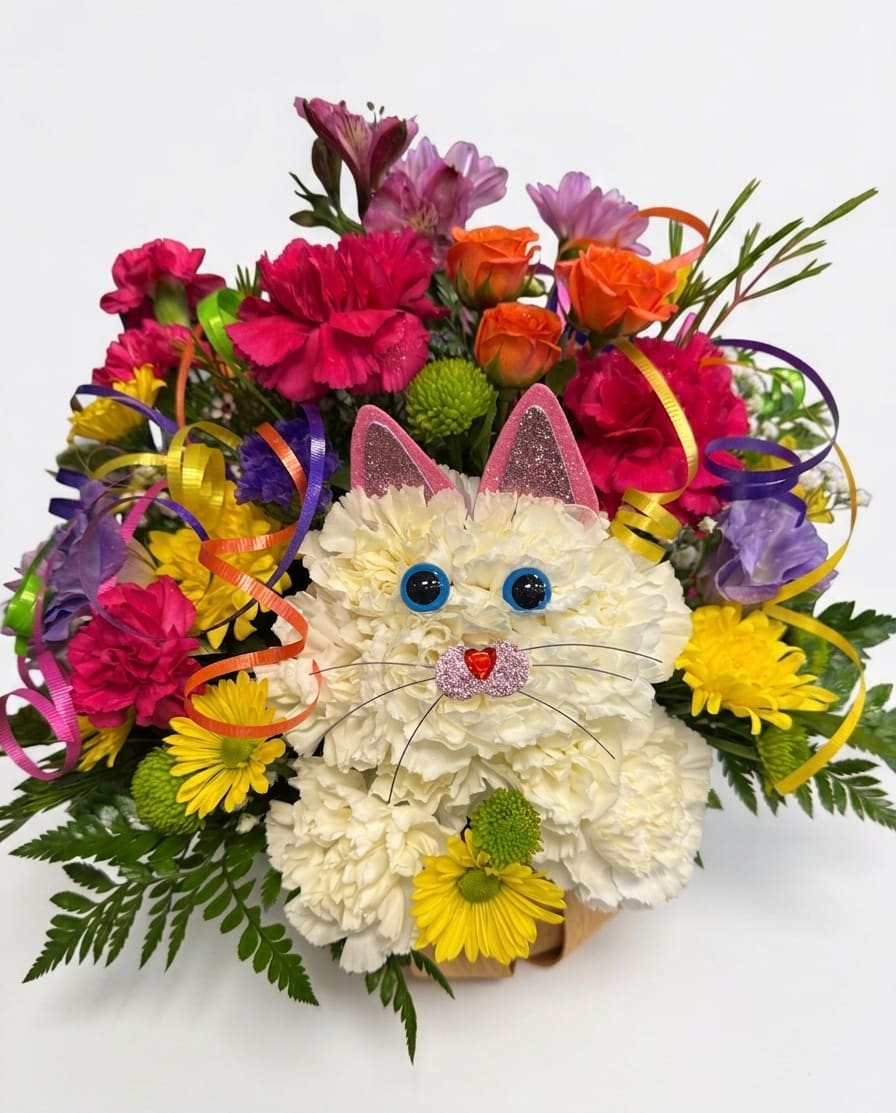 Snowball The Cat - Our playful cat is a fun way to send flowers to a loved one or friend. Purrfect for any occasion.  **Flowers, accents and colors may vary based on availability** Only available for local delivery**