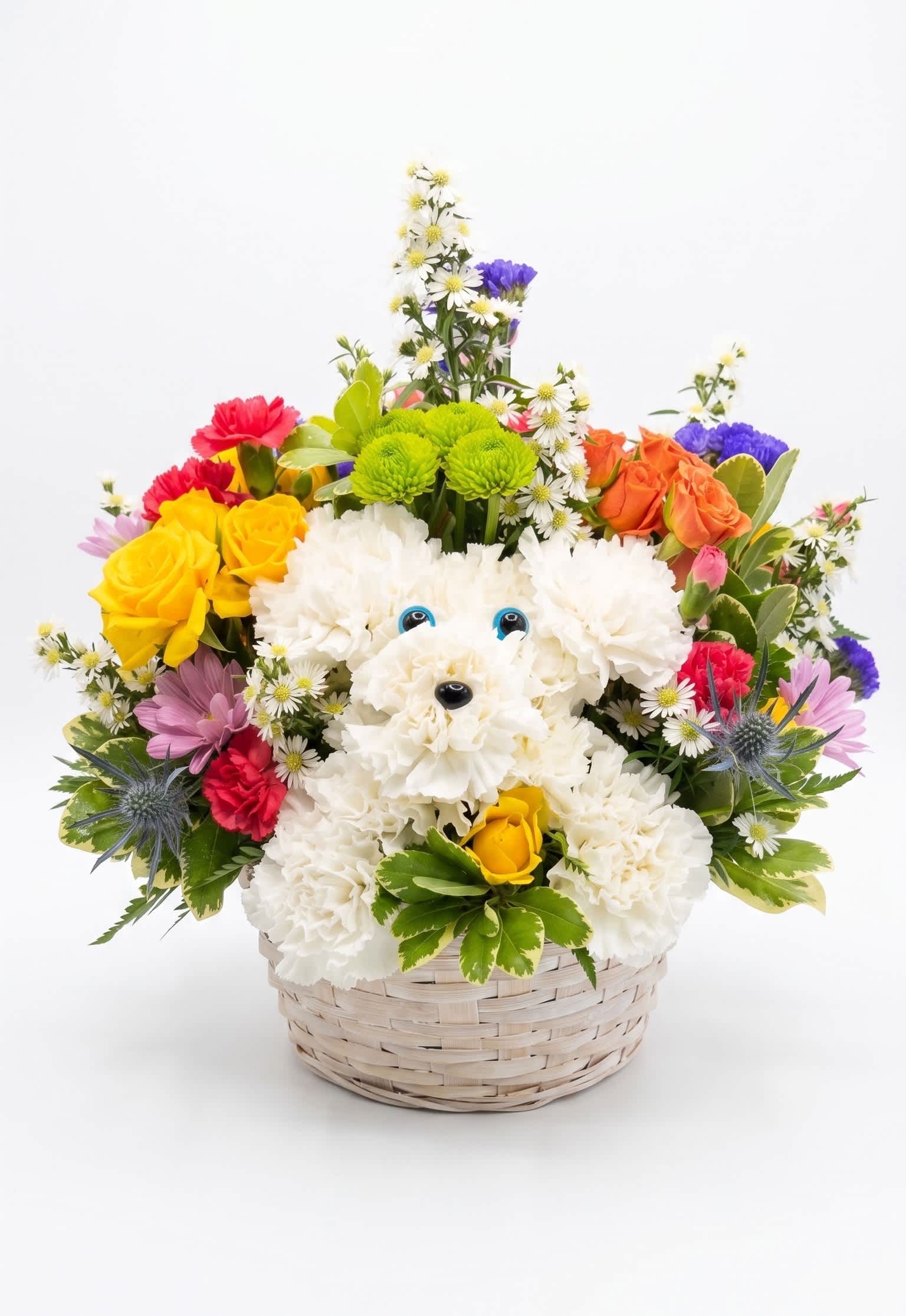 Colorful flower basket with a white plush dog face in the center