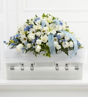 The FTD Tender Treasure Casket Spray - The FTD® Tender Treasure™ Casket Spray is a beautiful way to honor the life of the child taken too soon. White roses daisies monte casino asters Asiatic lilies and mini carnations are accented with light blue delphinium and a light blue organza ribbon to be displayed on top of the casket at their final farewell service.