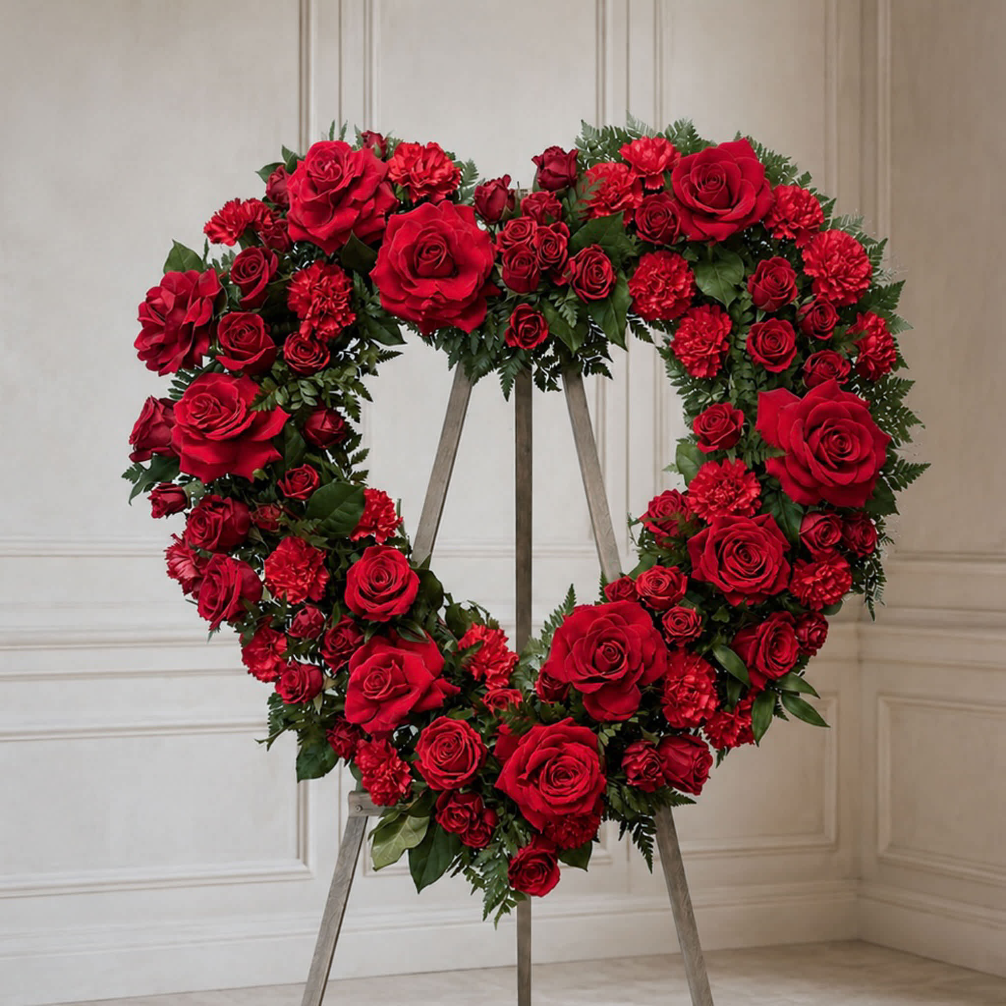 Heart-shaped wreath of red roses and carnations on an easel