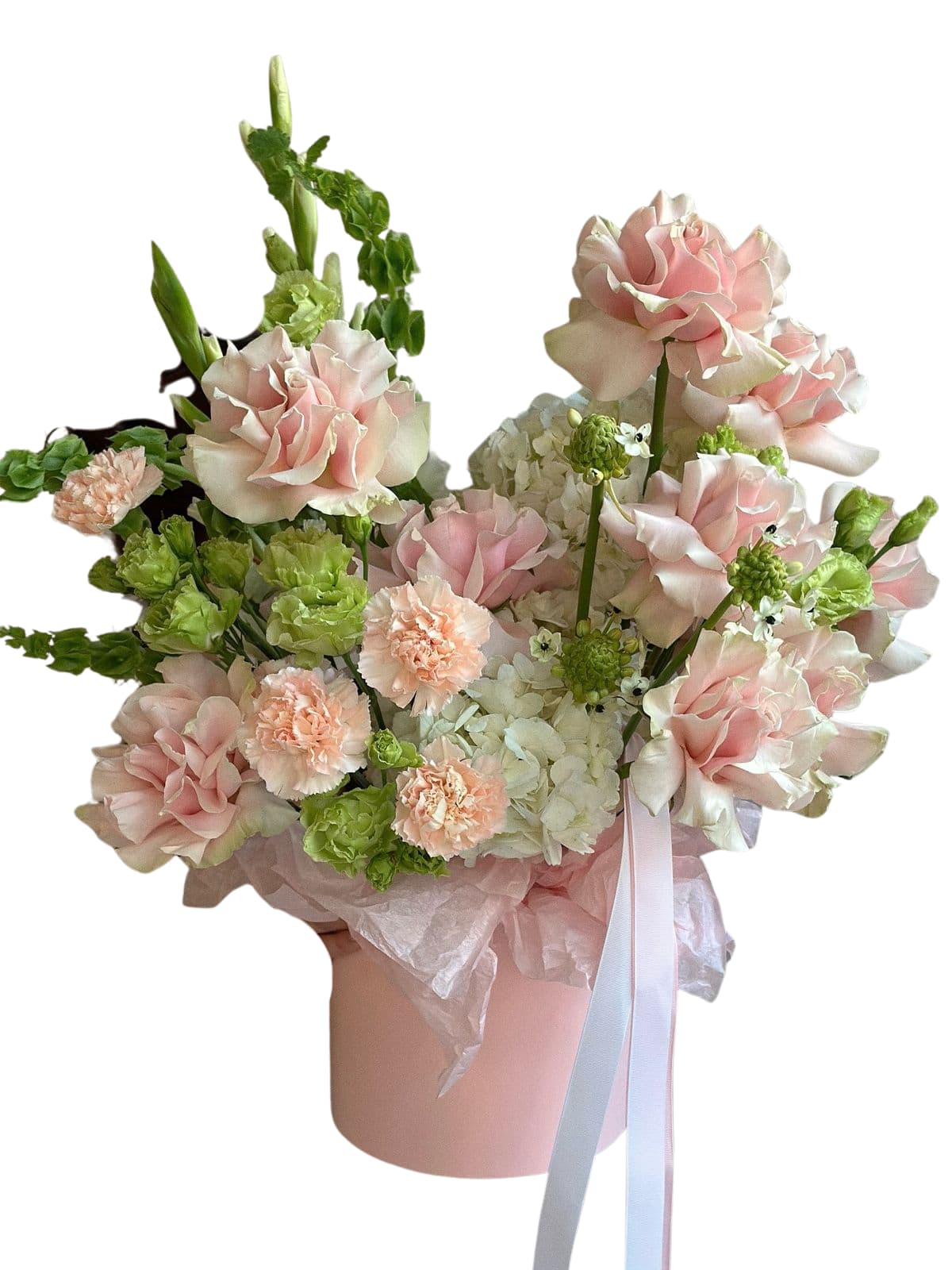 Cotton Candy rose box - A sweet, airy arrangement in a soft blush + cream palette with fresh green accents for a modern pop. Designed in a pink hat box with flowing ribbon—romantic, playful, and super photogenic. Perfect for birthdays, congratulations, new baby, or a “just because” surprise.  Includes: roses + hydrangea + seasonal accent blooms/greens in a keepsake hat box Note: Flower varieties may vary based on availability, but we’ll keep the same soft pink color story and garden-style look.