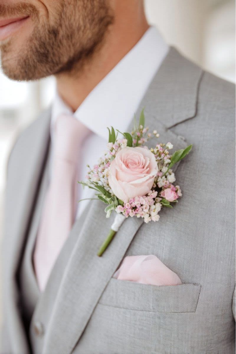 Groom Boutonnière -  A soft, romantic accent made with a delicate rose, tiny blooms, and fresh greenery. Light, elegant, and timeless the perfect finishing touch for the groom and wedding party. Designed to complement your palette and florals, this boutonnière feels refined without being fussy. Colors are fully customizable to match your wedding vibe.  Small detail. Big impact.