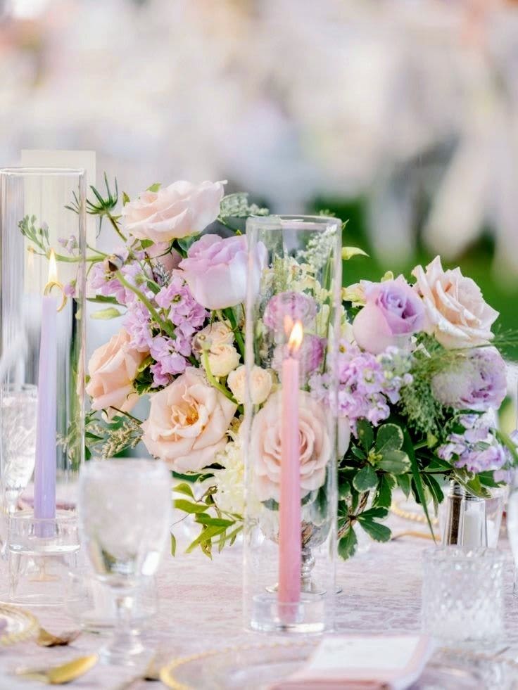 Dreamy lavender Centerpiece - Perfect for reception tables, this style keeps the table open and elegant while adding that magical, “just married” glow. Colors are fully customizable — from soft neutrals to bold statement palettes.