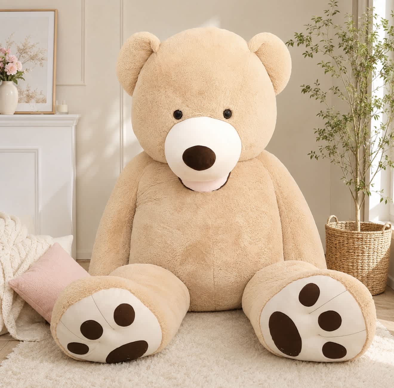 Large beige teddy bear plush sitting in a room with a woven basket plant.
