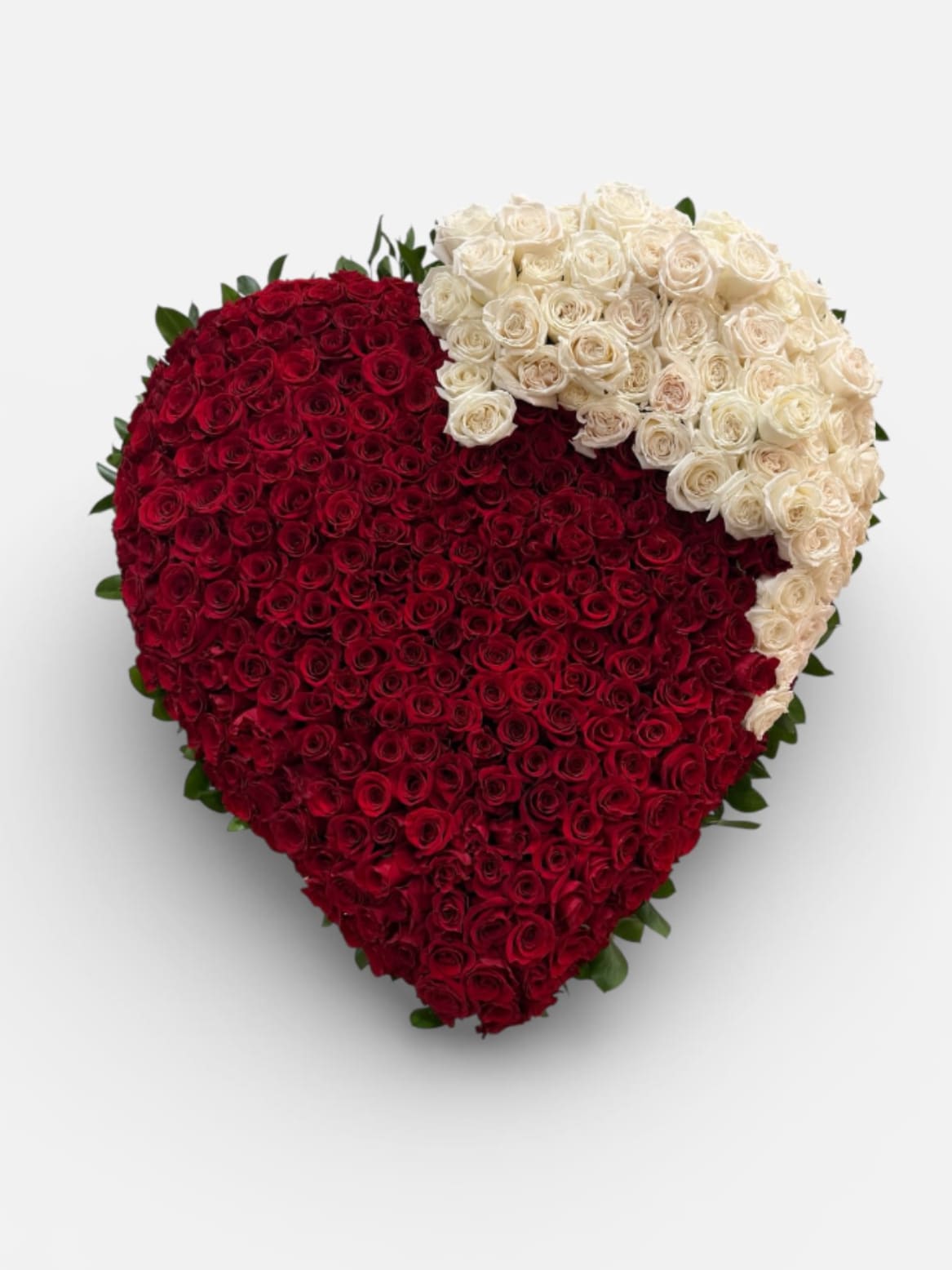 Eternal Love Heart - A beautiful heart shaped tribute of red and ivory roses, symbolizing, everlasting, love, and remembrance.