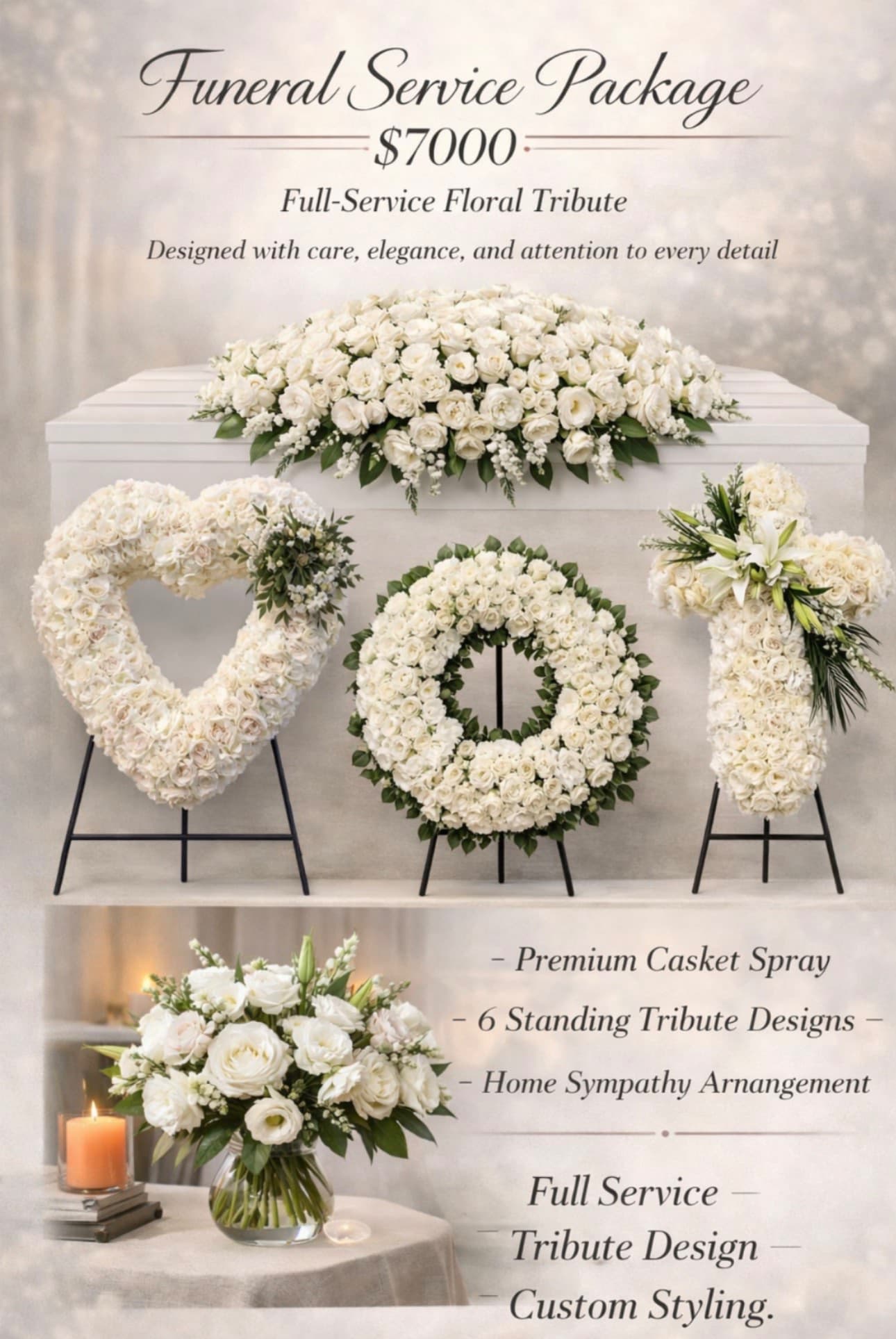 White funeral floral set with casket spray, heart, wreath, cross tributes, and vase bouquet on a soft neutral backdrop.