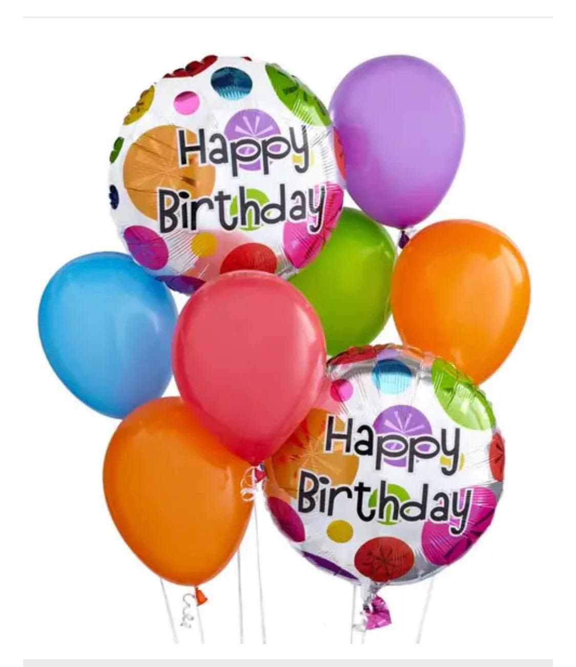 Cluster of colorful birthday balloons with two "Happy Birthday" foil balloons