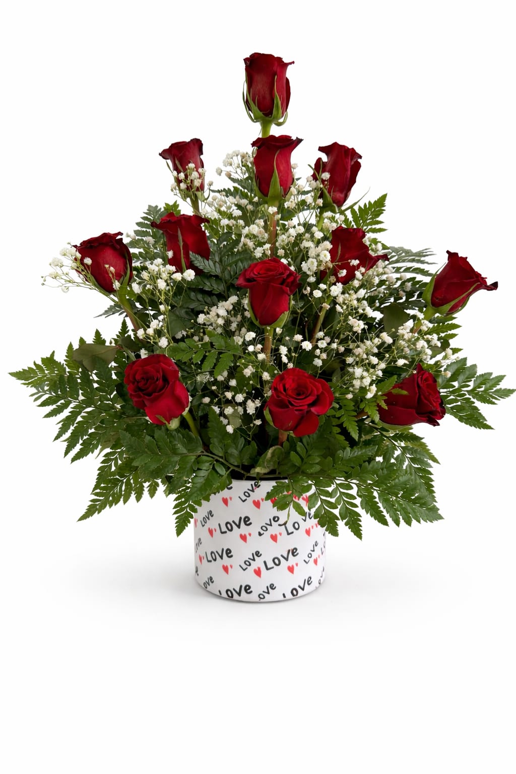Red roses arranged with white baby's breath in a heart-patterned container