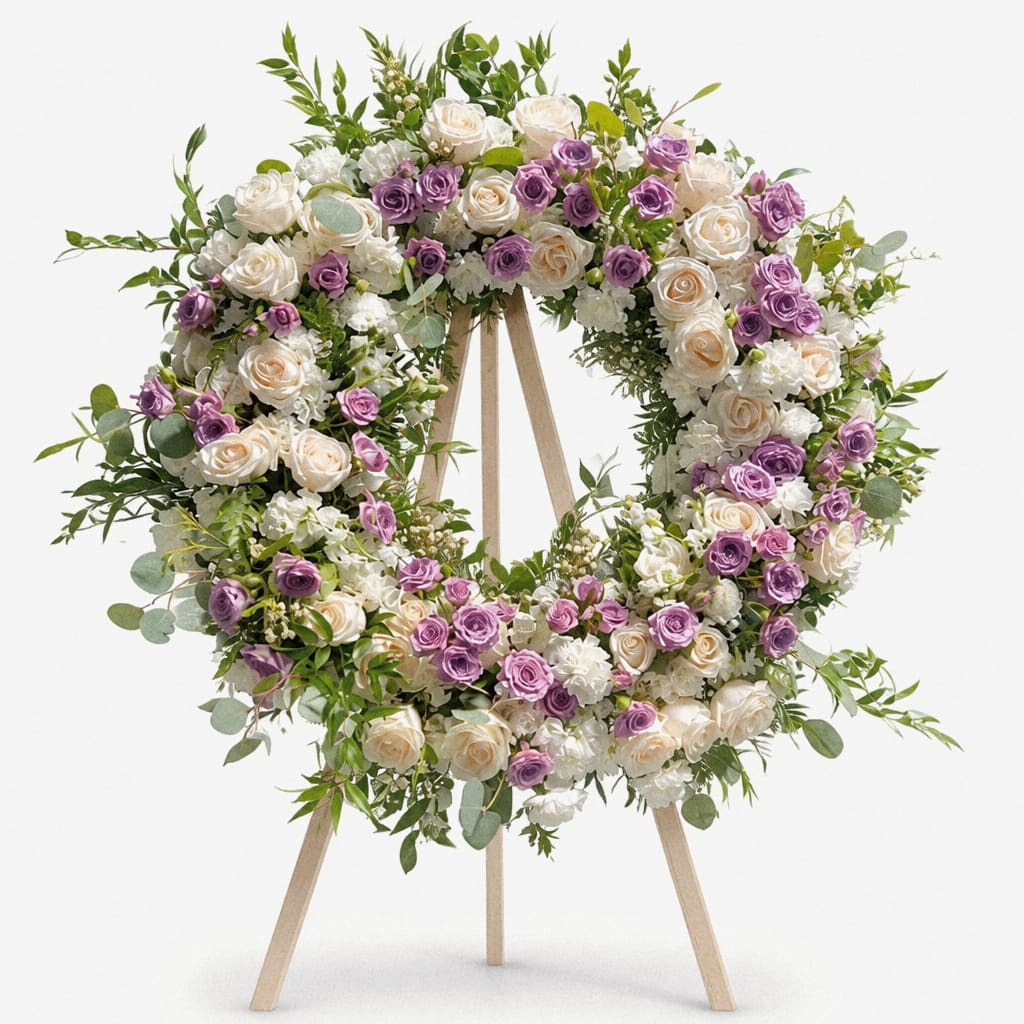 Large floral wreath of white and lavender roses on a wooden stand