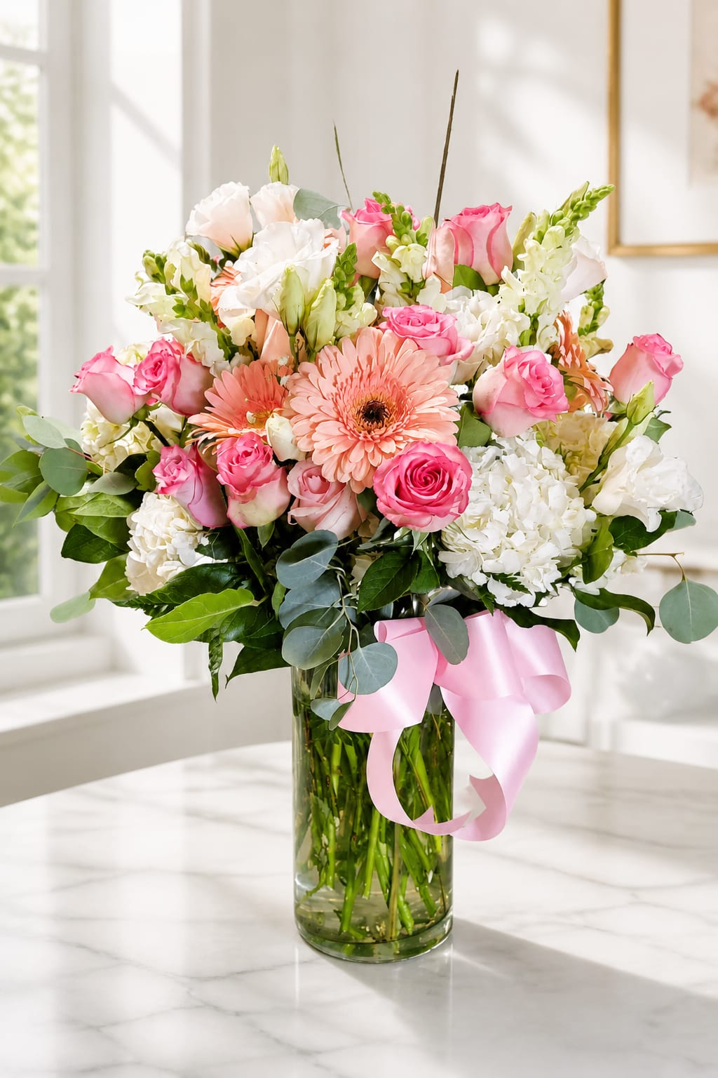 Pink and white mixed bouquet in a glass vase with a pink ribbon