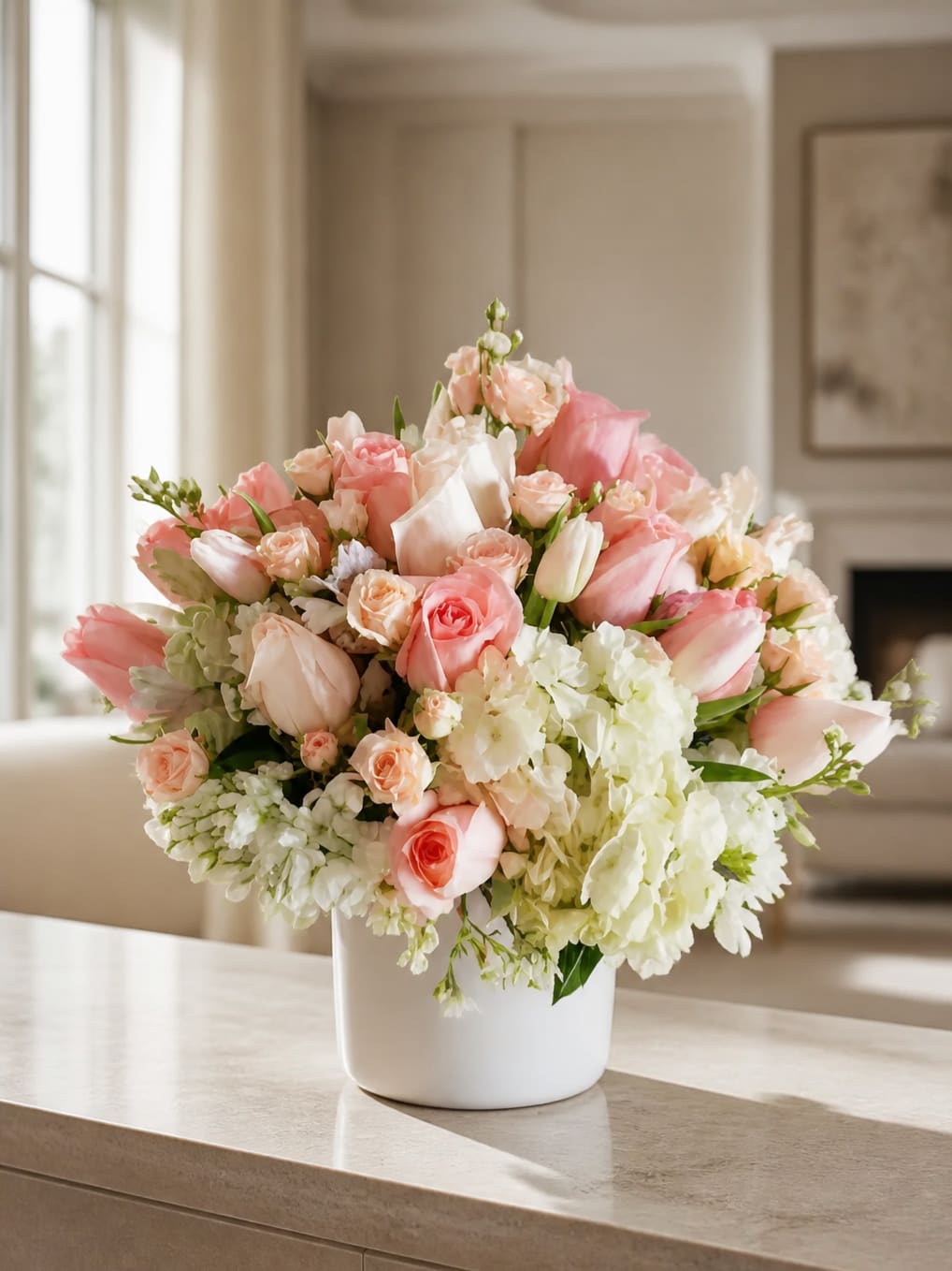 Pink and white bouquet in a white vase