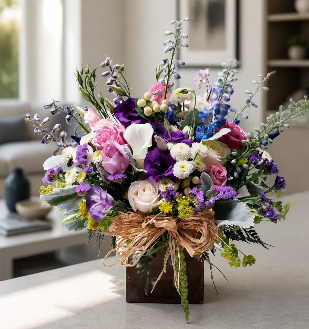 Mixed bouquet of pink, purple, white, and blue flowers in a wooden box