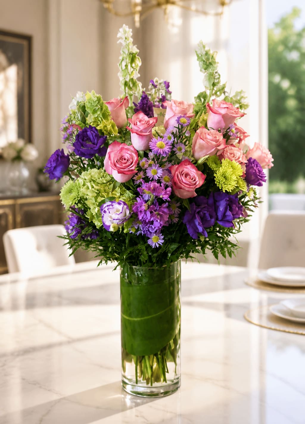 Mixed pink and purple flower arrangement in a tall glass vase