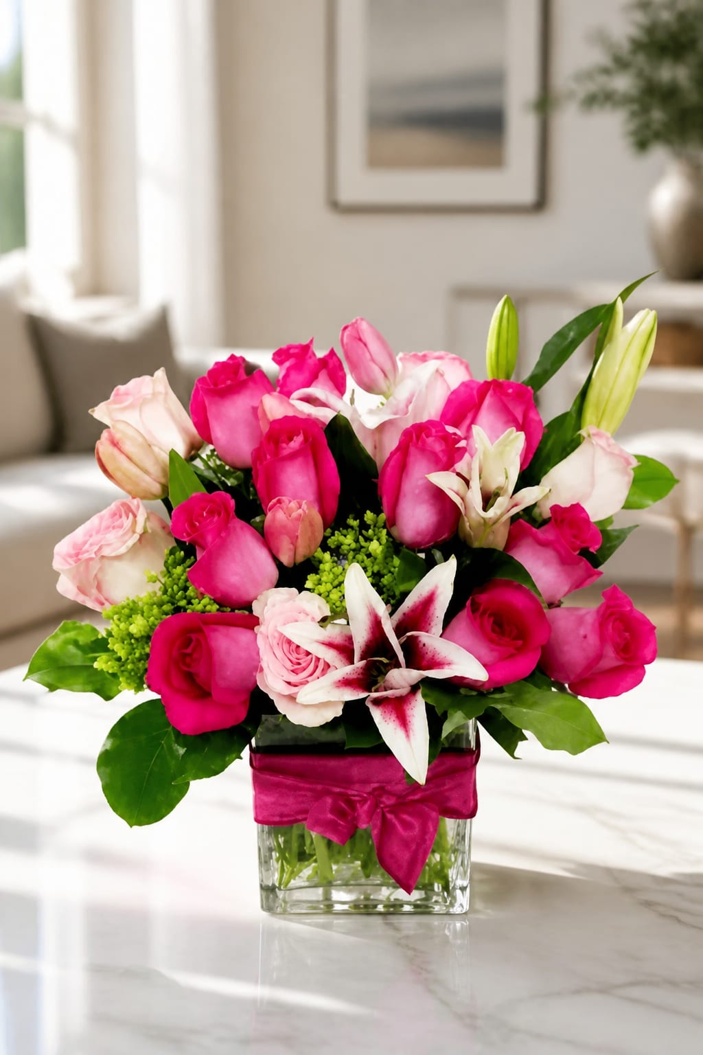 Pink roses and lilies arranged in a glass vase with a magenta ribbon