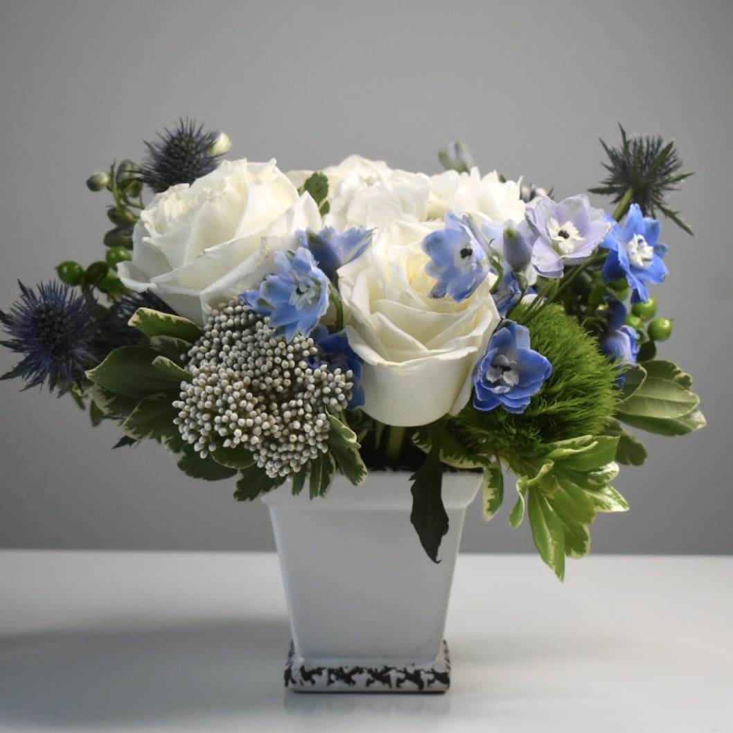 White roses and blue flowers arranged in a white vase