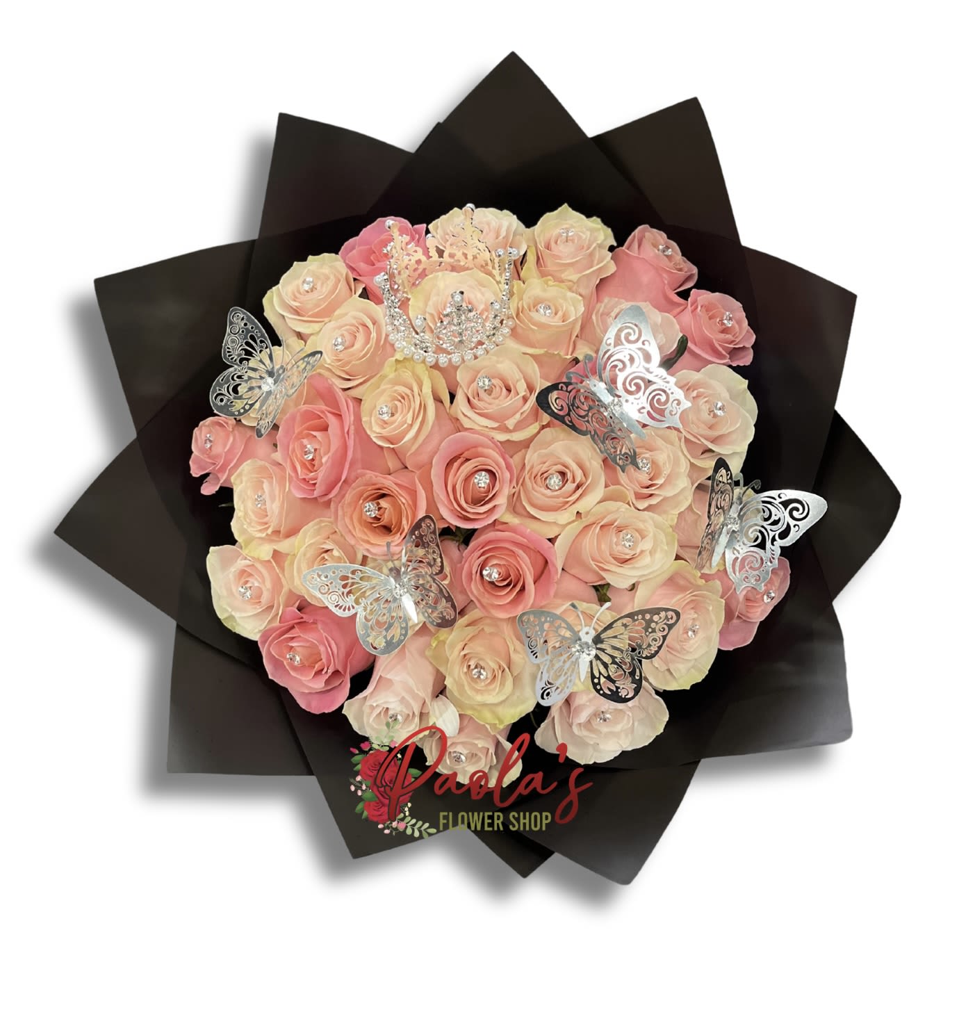 pretty in pink - 36 long stem roses with gems, Silver crown and butterflies. For different color wrapping paper, please enter your 2 choices of color during checkout. 