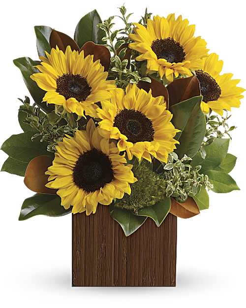 Sunflower arrangement in a wooden box with mixed greenery