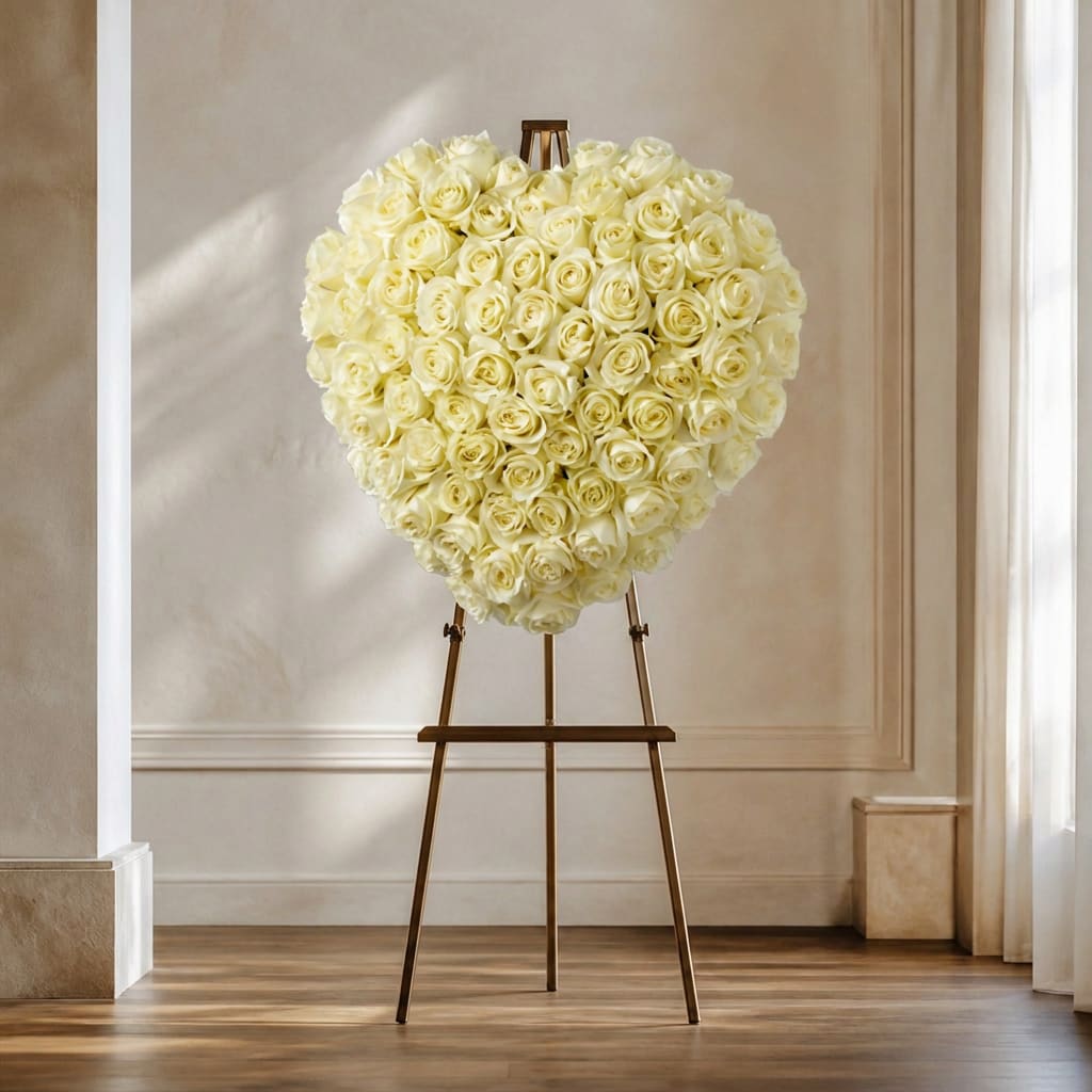 Heart-shaped arrangement of cream roses on a stand