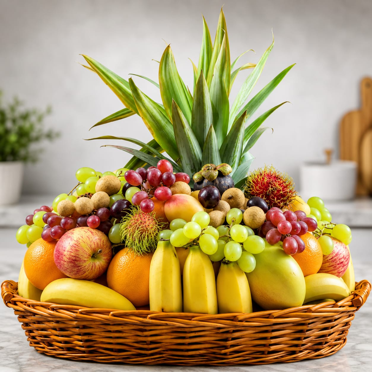 Fruit basket with pineapple leaves, grapes, bananas, apples, oranges, and rambutan