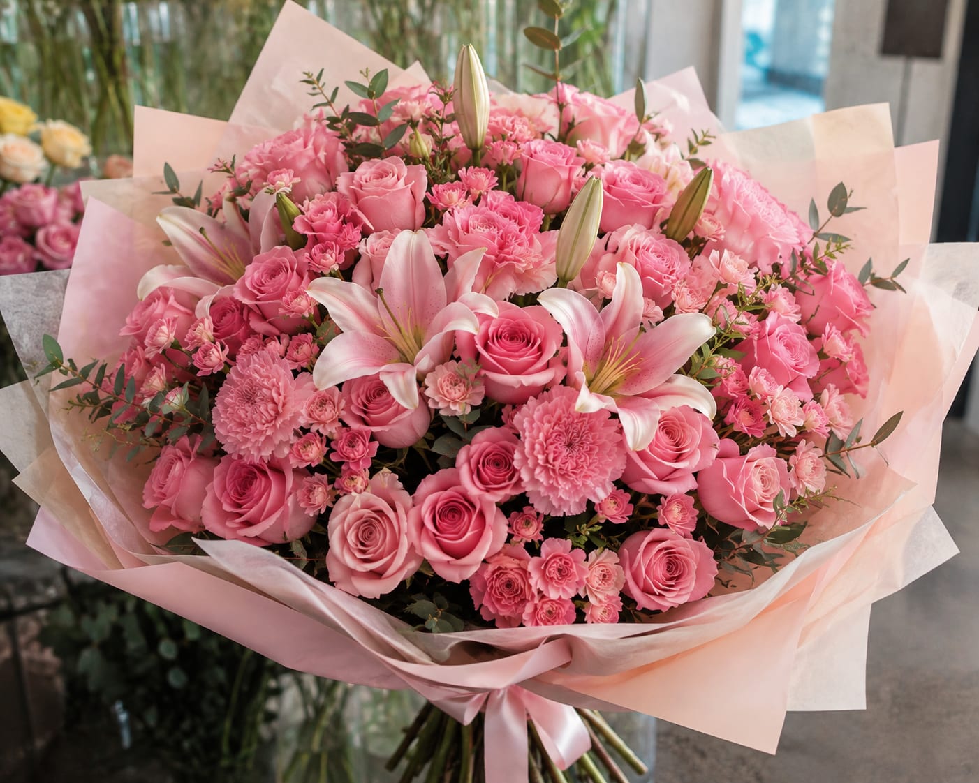 Large pink bouquet of roses, lilies, and carnations wrapped in pale paper