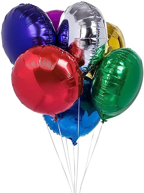 Cluster of metallic balloons in red, blue, green, gold, silver, and purple