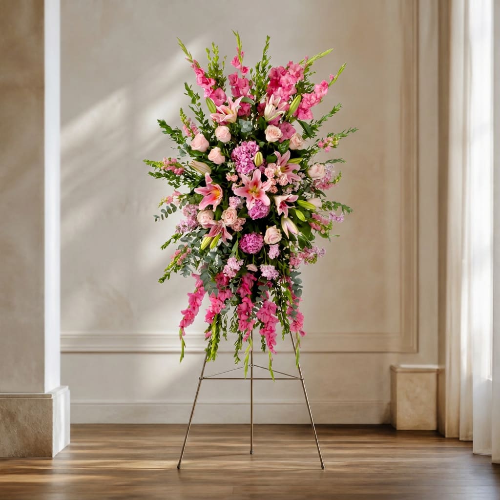 Tall pink floral standing arrangement on an easel