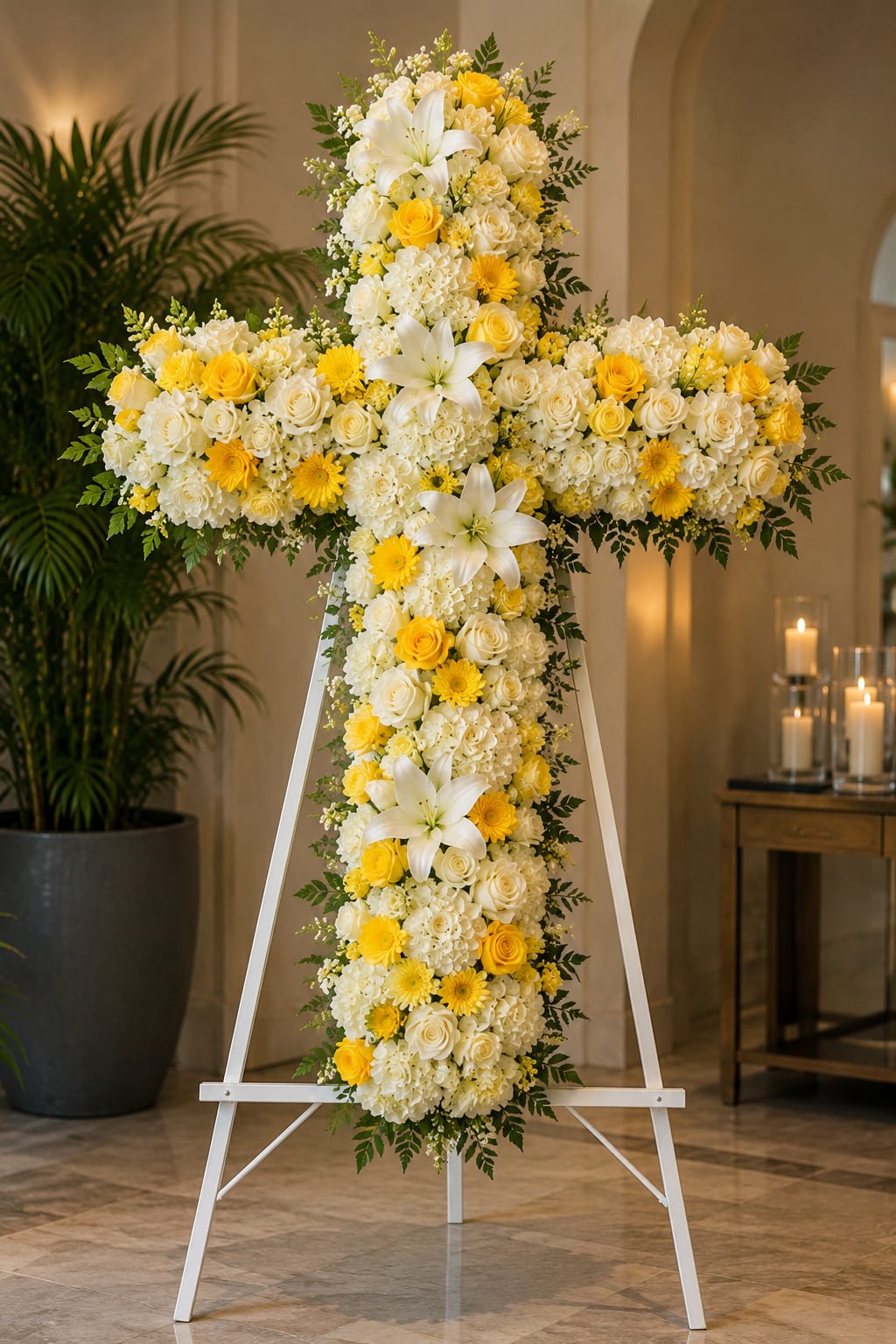 Large white and yellow floral cross on a stand