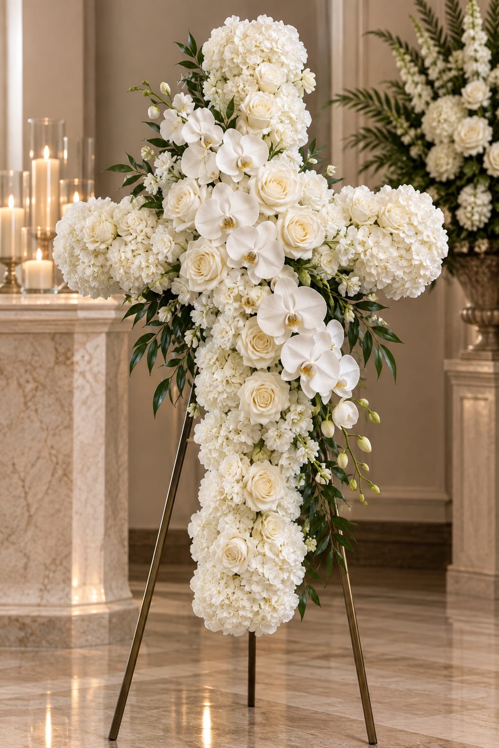 White floral cross on a stand with roses and orchids